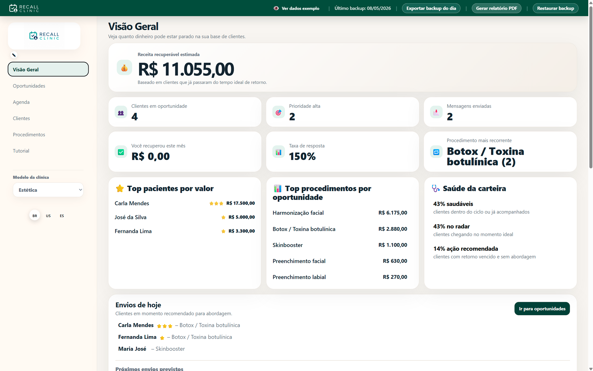 Tela Painel do Rebook Client